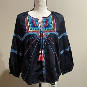 Seafolly Black Boho Blouse with Colorful Embroidery String Tassels, V-neck Sz S